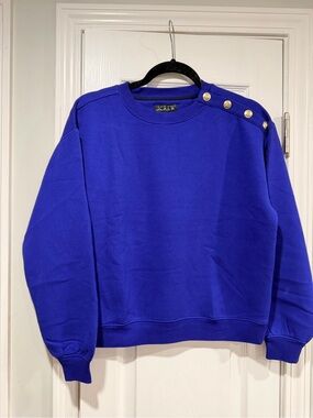 NWOT J.Crew Size M Royal Blue Button Shoulder Sweatshirt Crewneck Pullover Top